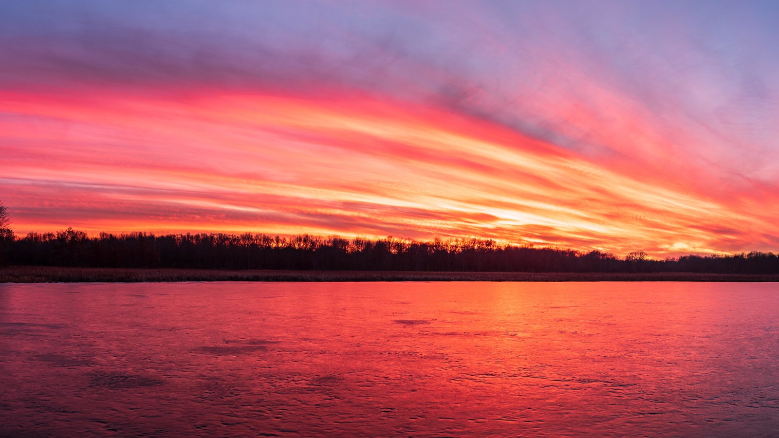 A red sunset over a lake with trees and water (imac, macbook air, apple macbook pro, nature, sunset)