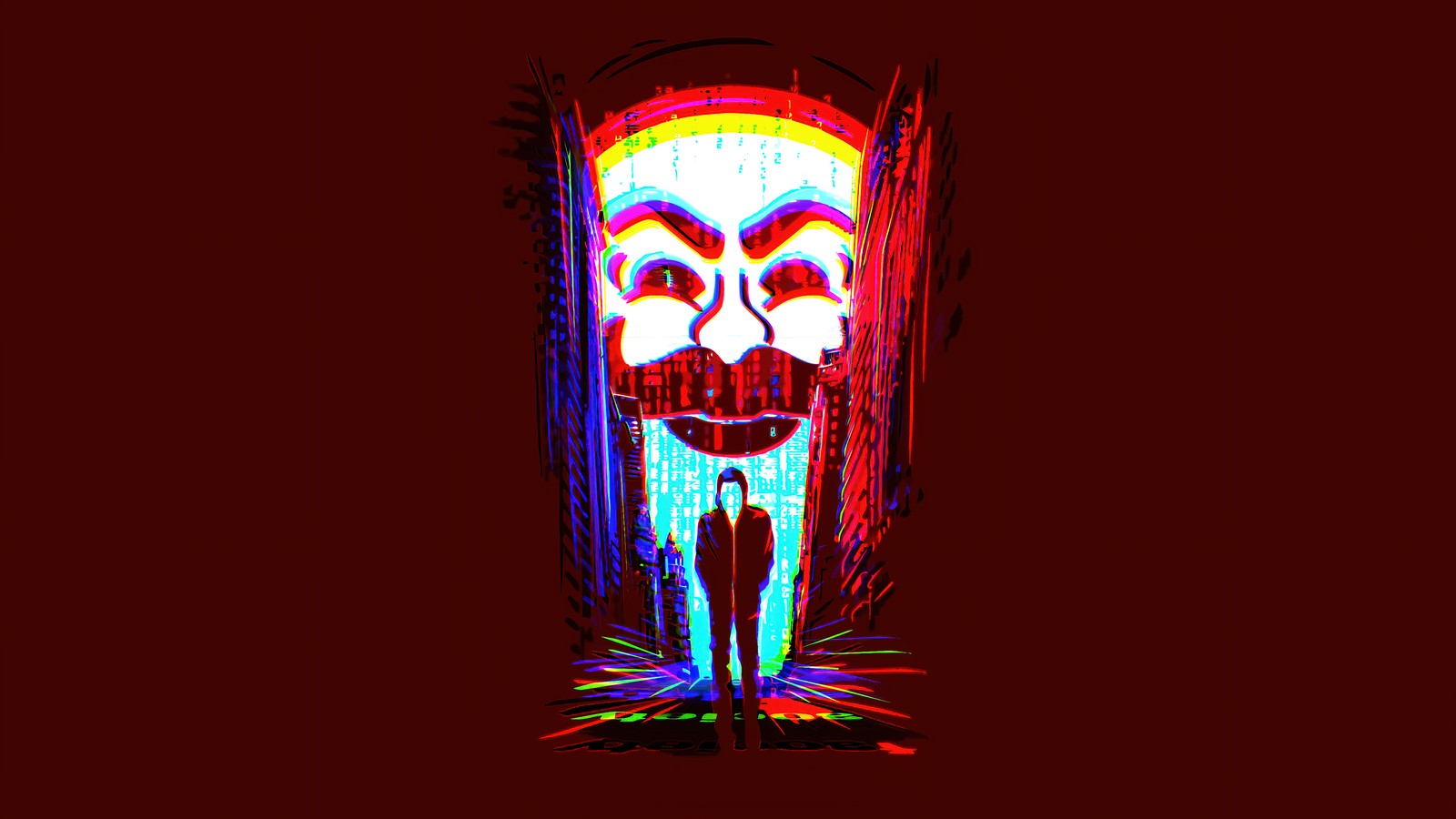 Brightly lit neon skull on a dark background with a man standing in front of it (mr robot, tv series, minimalist, minimalism)