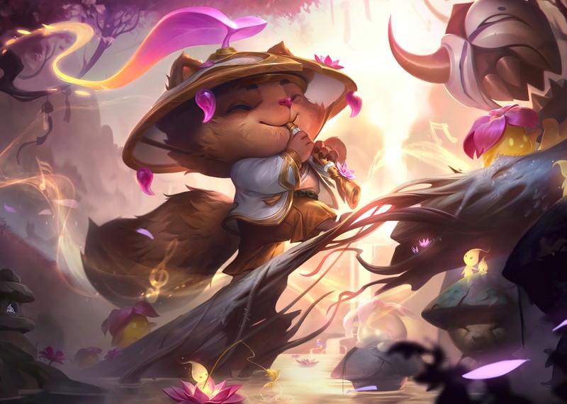 Um close-up de um personagem de desenho animado em um galho de árvore (teemo espírito em flor, league of legends, teemo, jogos, papel de parede 4k)