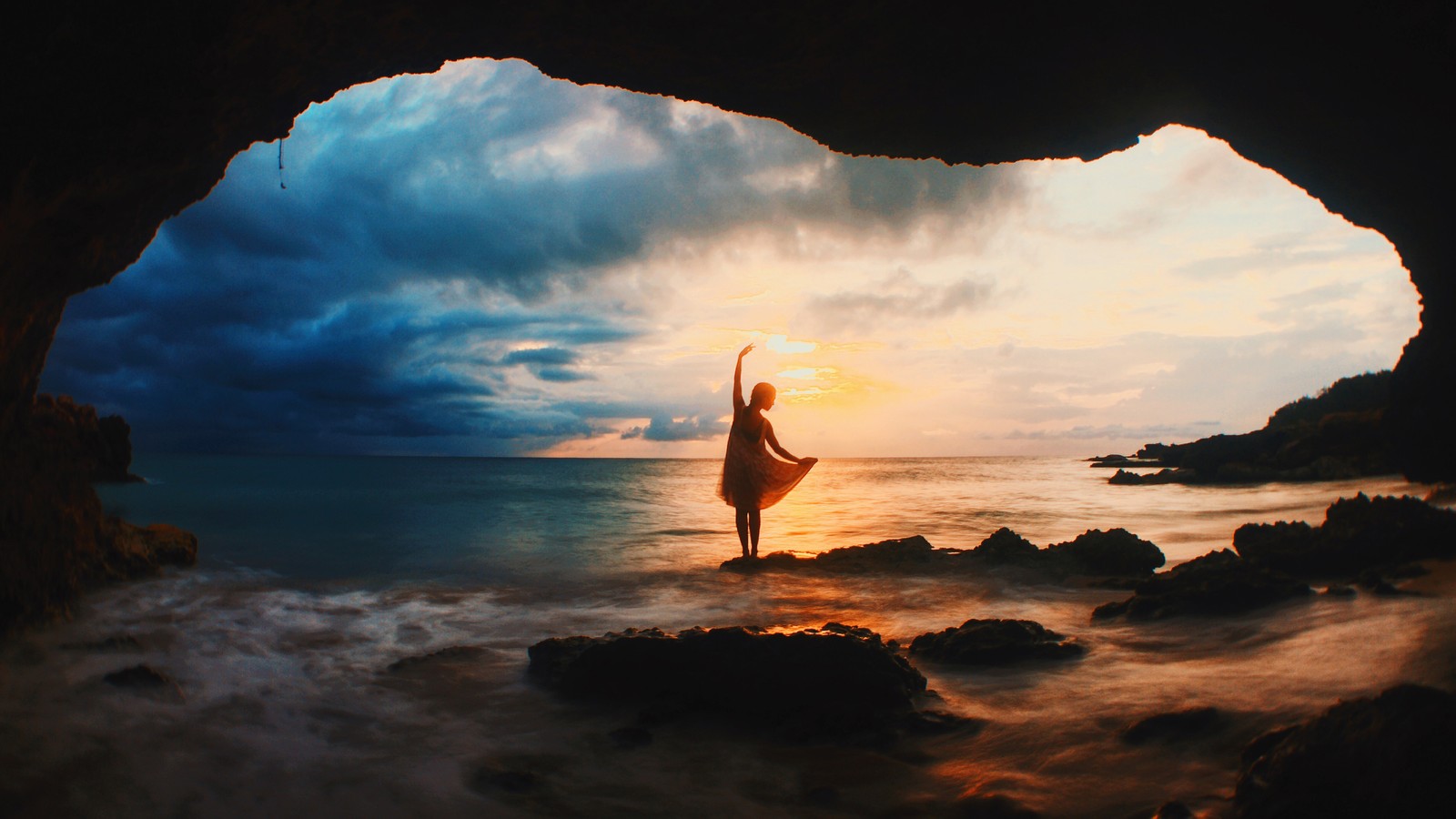 sea, cave, sunset, nature, scenery wallpaper