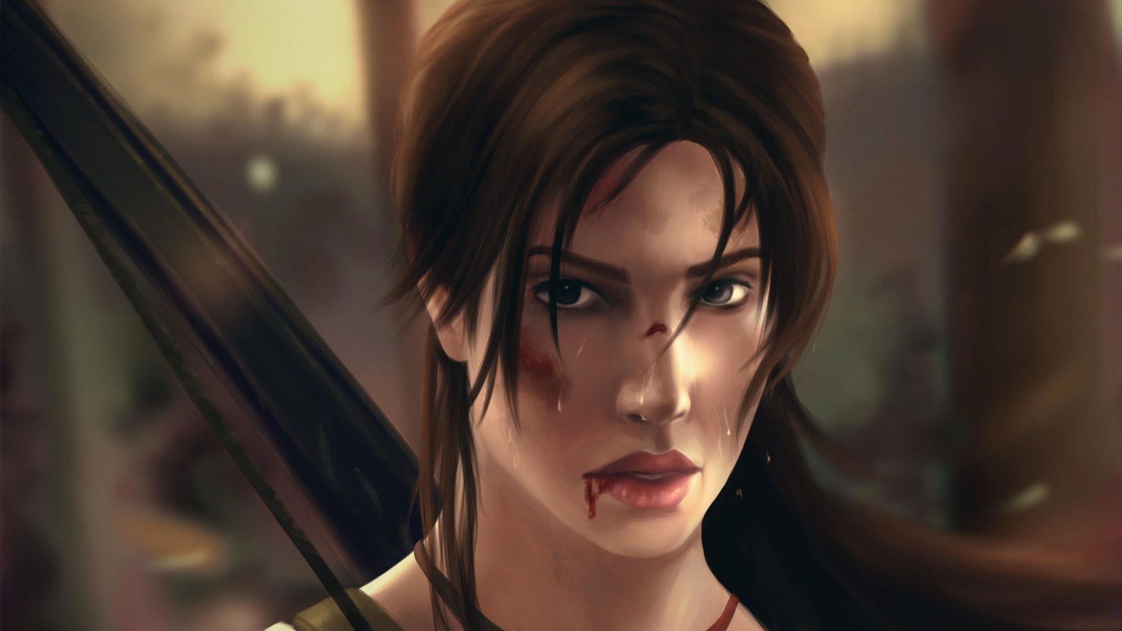 Крупный план женщины с мечом в руке (лара крофт, lara croft, искусство, волосы, лицо)