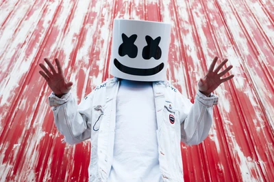 Marshmello em uma jaqueta branca contra um fundo vermelho