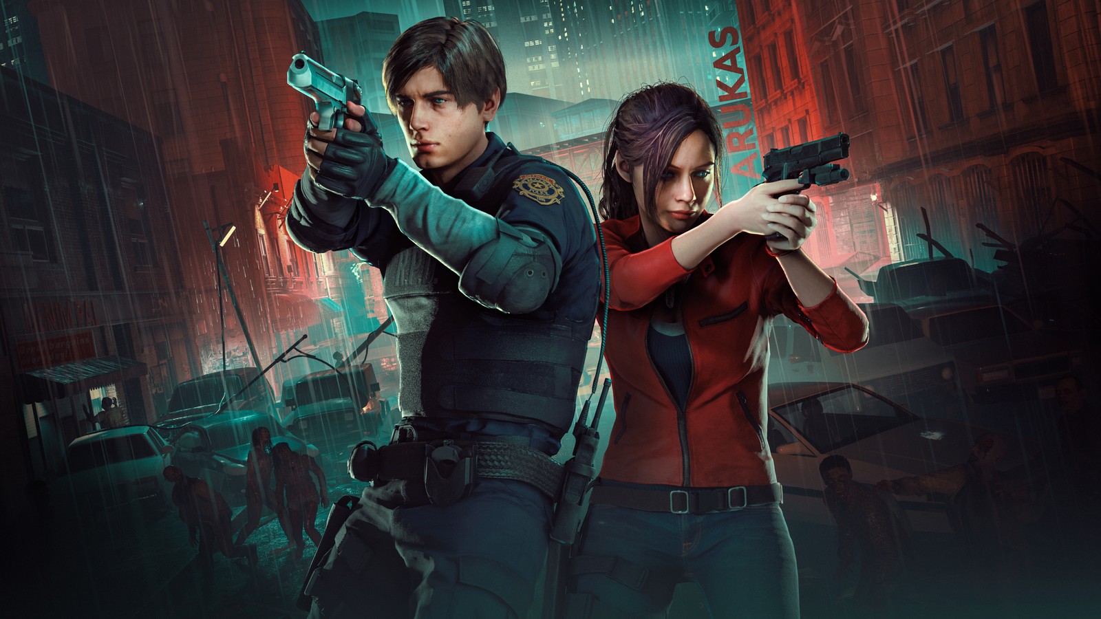 Пара людей с оружием в городе (resident evil 2, леон с кеннеди, leon s kennedy, клэр редфилд, claire redfield)