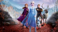 Frozen 2: Elsa, Anna, Olaf, Kristoff, and Sven in a magical autumn landscape