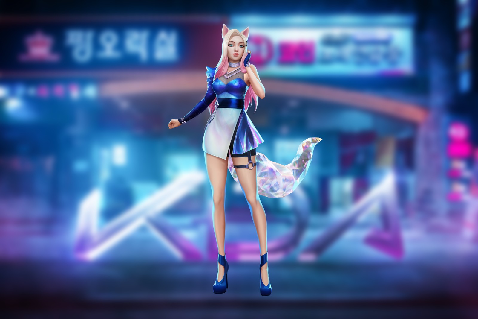 Un primer plano de una mujer en un vestido corto con una cola de gato (ahri, kda, k pop, fondo de neón, league of legends)