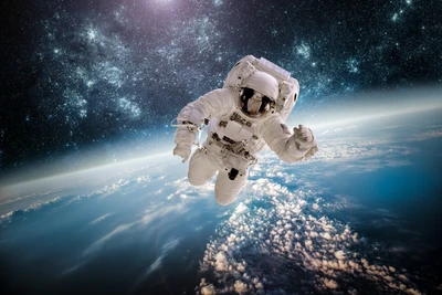 Astronaut floating in outer space above Earth, surrounded by stars and clouds.