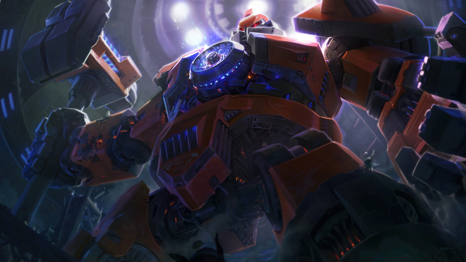 A close up of a robot with a glowing head and arms (mecha, sion, lol, league of legends, video game)