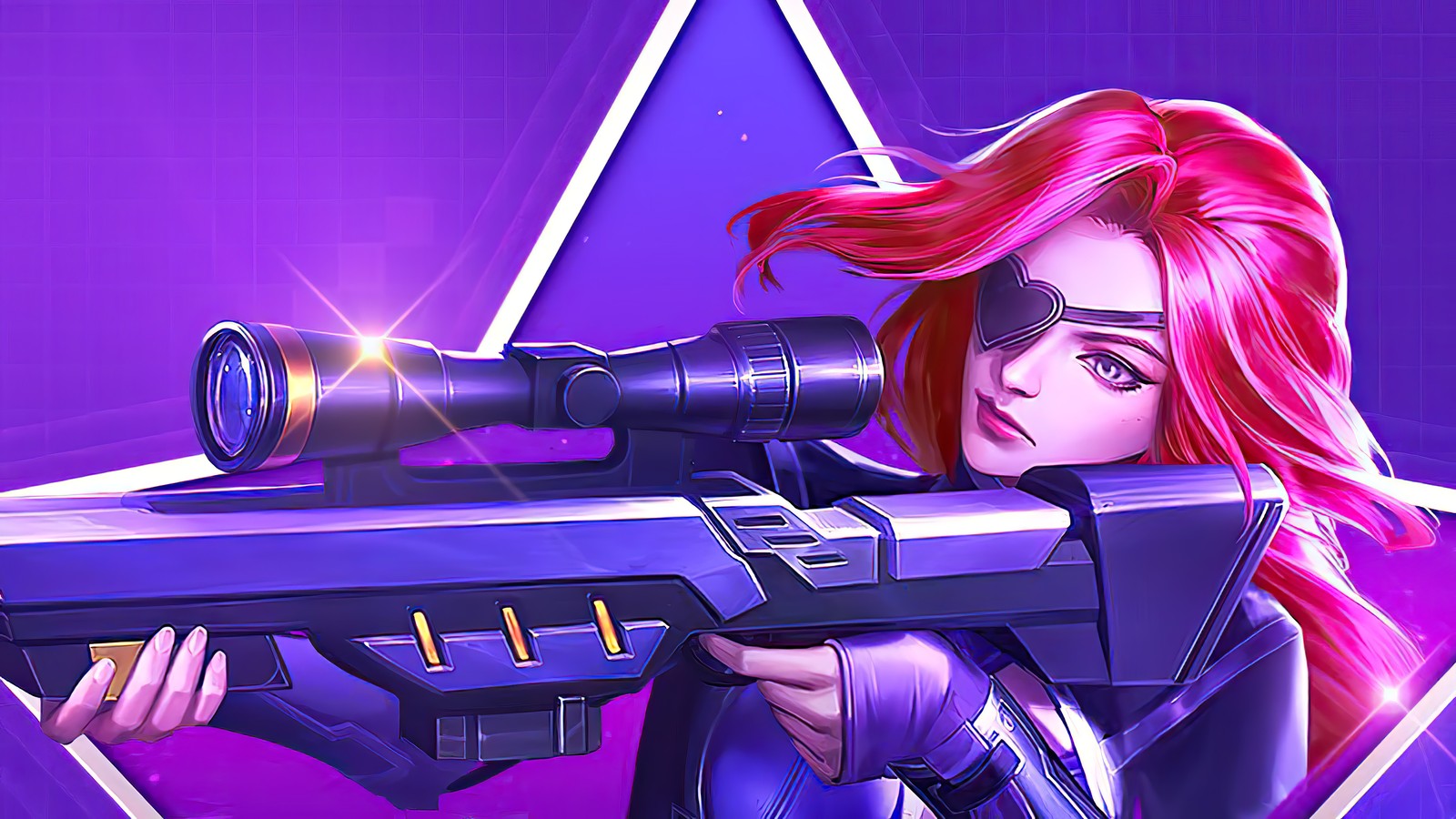 Gros plan d'une femme tenant un fusil sur fond violet (lesley, dame létale, lumière des étoiles, peau, mobile legends)