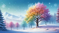 Colorful Winter Wonderland: Vibrant Trees Amidst Snowy Peaks