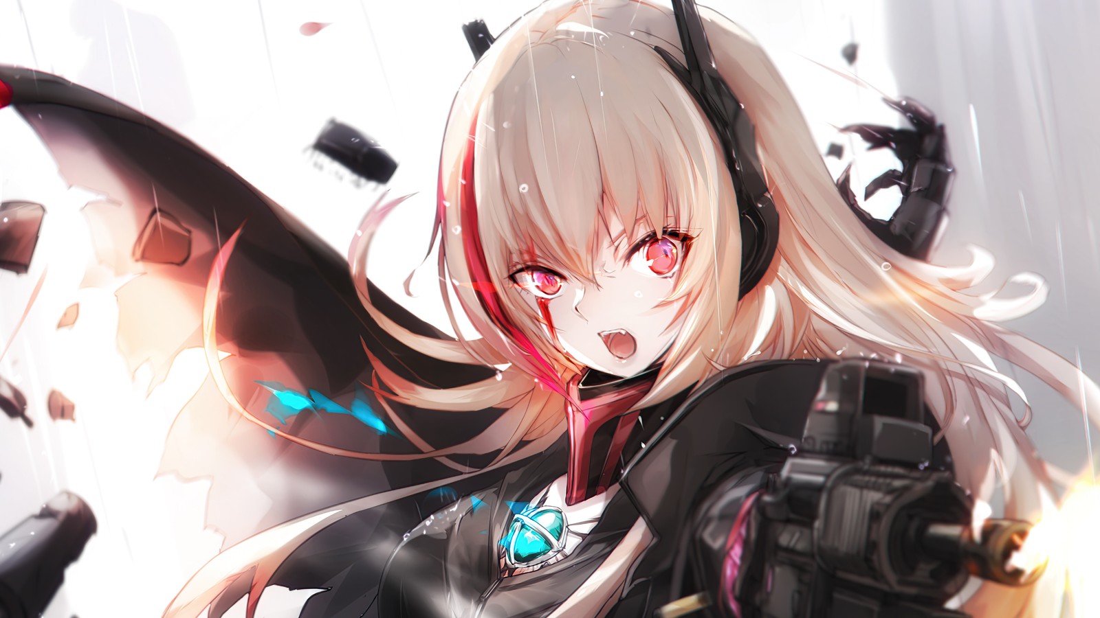 Fille anime avec des cheveux longs et blonds et une tenue noire tenant une arme (anime, filles, tir, girls frontline, m4 sopmod ii)