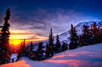 sunset, winter, mountain, snow, nature wallpaper