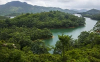 Serene Hügel und üppige Vegetation um einen ruhigen Stausee in der Regenwaldlandschaft von Hongkong