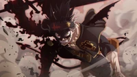 Asta from Black Clover unleashes his fierce determination, wielding a sword amidst swirling shadows and smoke.