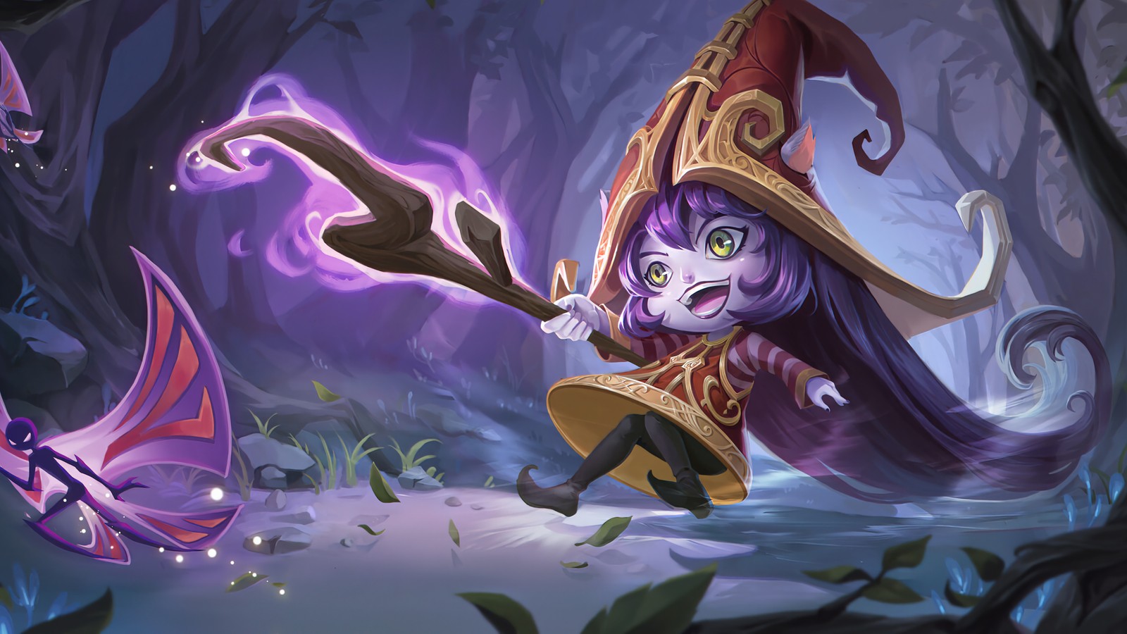 A cartoon cat dressed as a witch with a broom and a hat (lulu, league of legends, lol, video game, art)