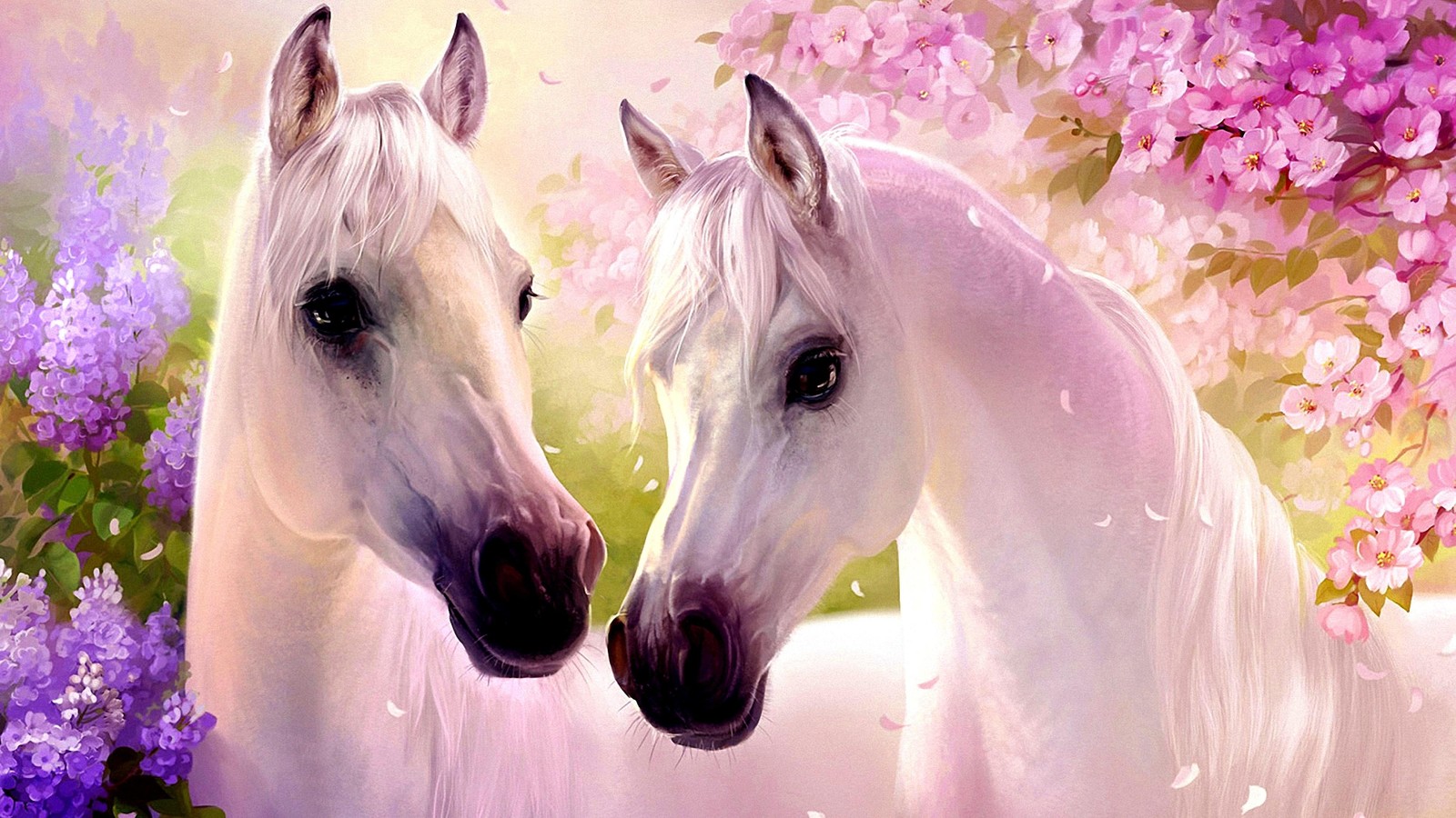 Painting of two white horses standing next to each other in a field of flowers (stallion, horse, mane, mare, snout)