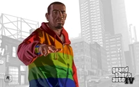 Ilustración vibrante de ropa exterior de un personaje de GTA IV con una sudadera arcoíris