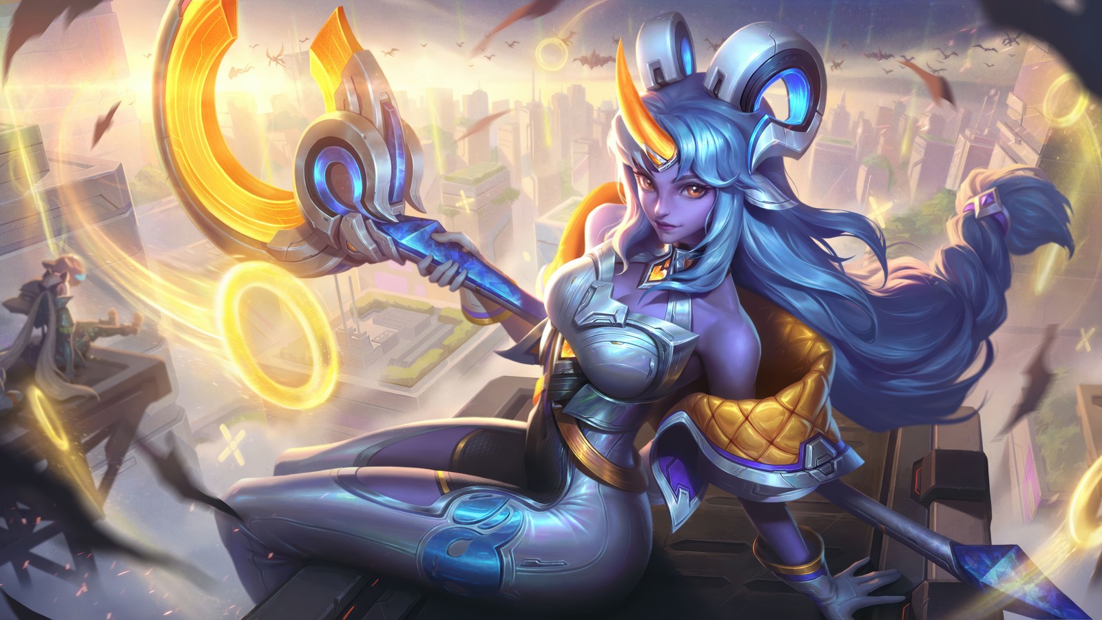 Uma mulher em armadura segurando uma espada e uma espada na mão (soraka, battle sheep, pele, league of legends, lol wild rift)