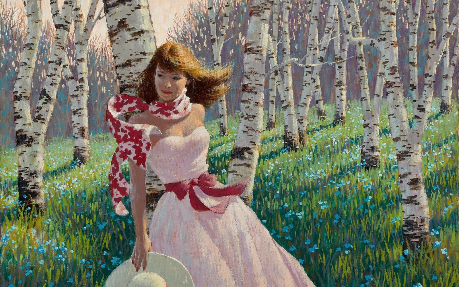 Painting of a woman in a pink dress and hat in a forest (painting, art, tree, spring, forest)