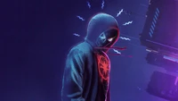 Miles Morales dans un hoodie, incarnant l'essence de Spider-Man avec un emblème lumineux, dégageant un sentiment de vigilance accrue et de préparation.