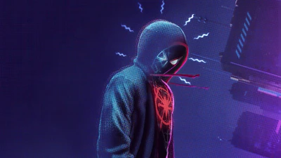 Miles Morales dans un hoodie, incarnant l'essence de Spider-Man avec un emblème lumineux, dégageant un sentiment de vigilance accrue et de préparation.