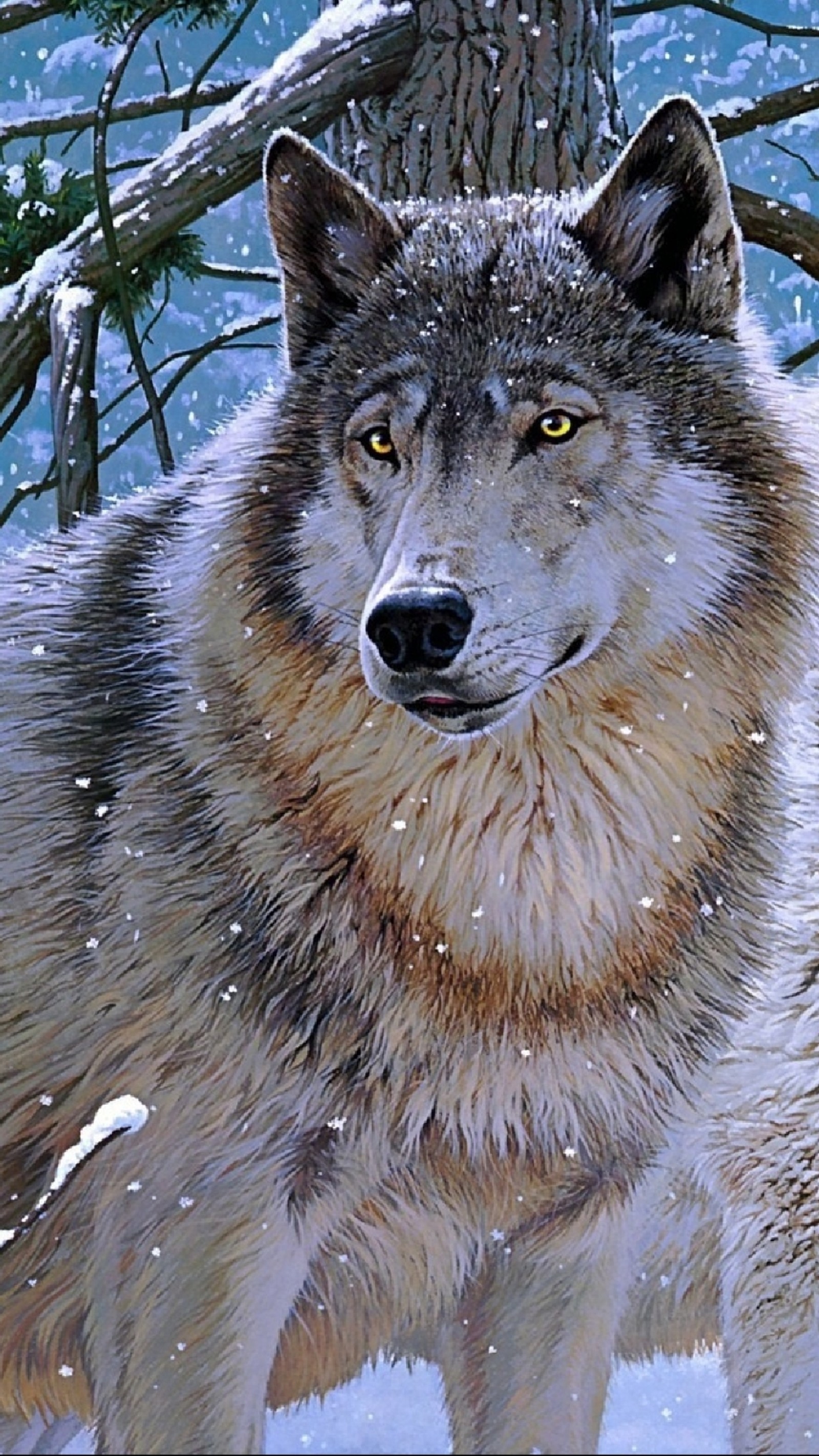 There is a wolf standing in the snow next to a tree (wolf, head, great dane, eye, snow)