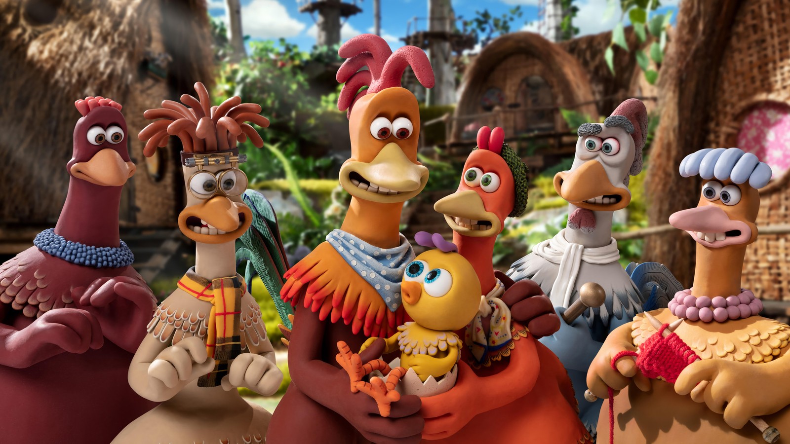 Um grupo de personagens de desenho animado posando em frente a um castelo (chicken run dawn of the nugget, netflix, filme, personagens)