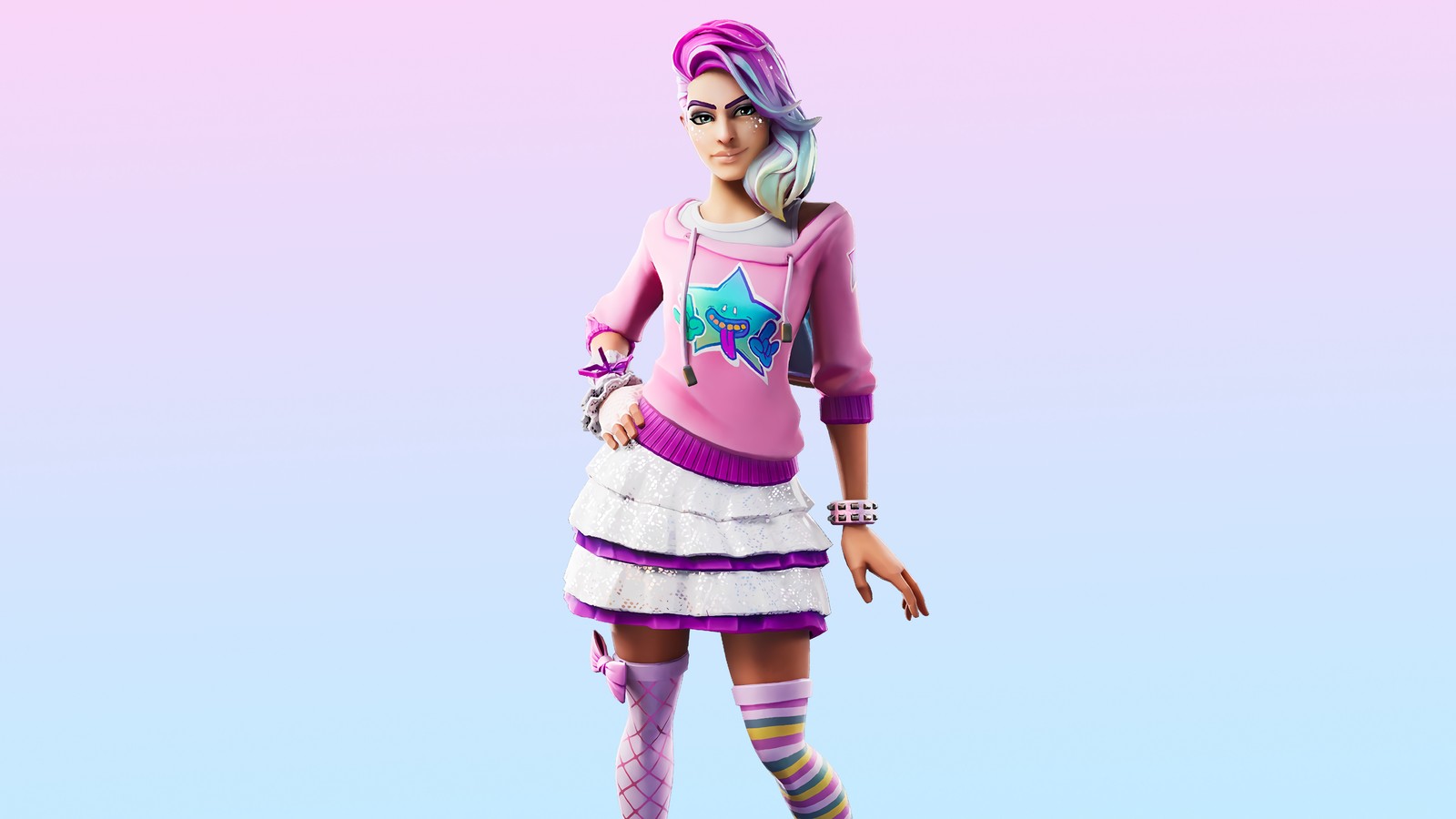 A close up of a doll with a pink shirt and purple skirt (fortnite battle royale, fortnite, video game, starlie, skin)