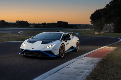 Lamborghini Huracán STO bei Sonnenuntergang auf der Strecke