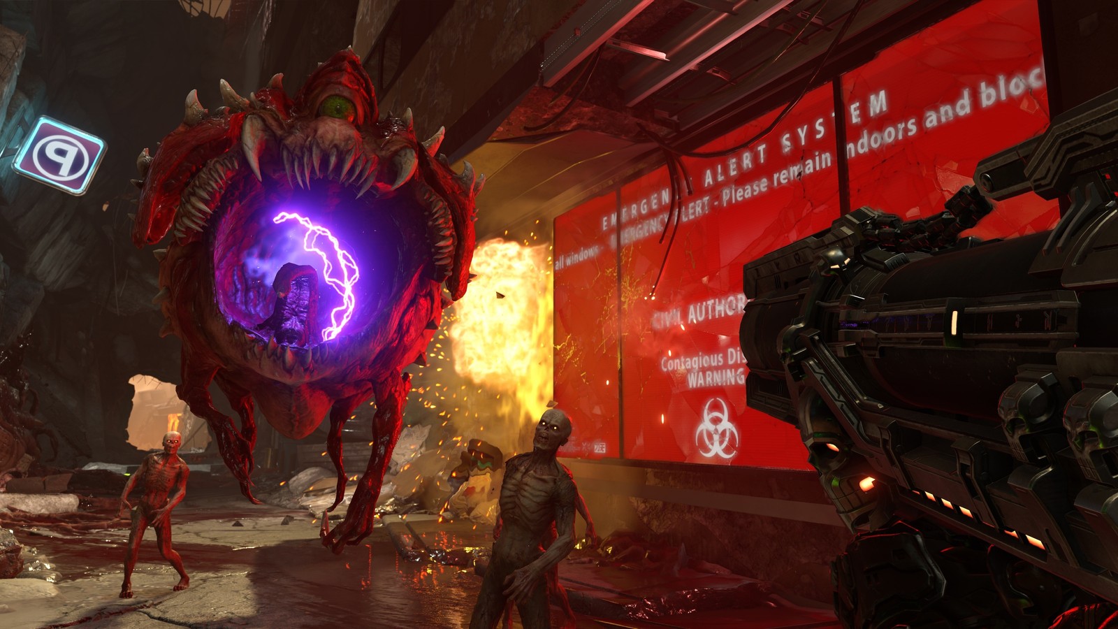 A screenshot of a video game with a giant alien creature in the background (doom eternal, video game, monster)