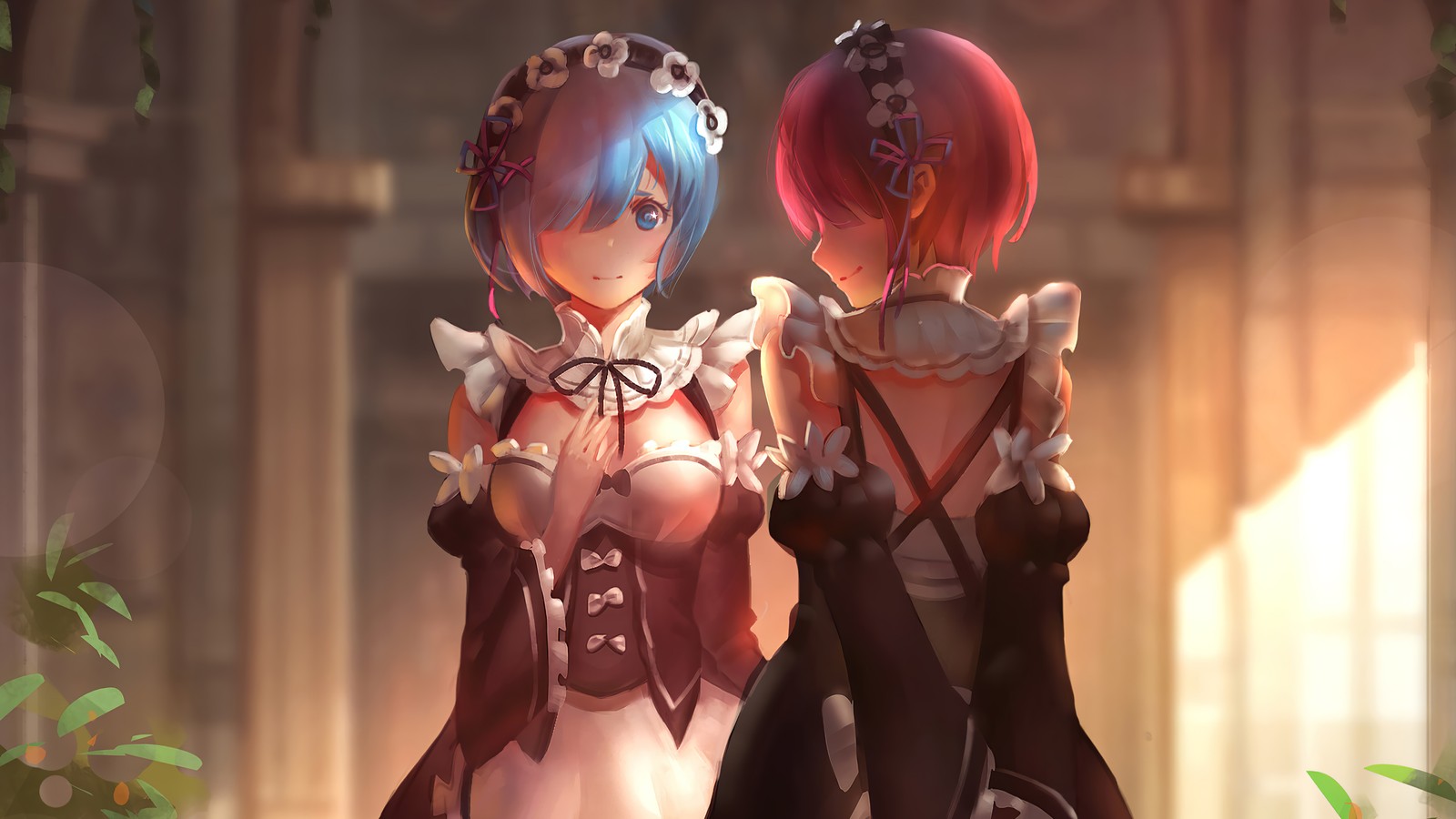 Deux filles d'anime en robes courtes se tenant côte à côte (rem, bélier, re zero, anime, rezero commencer la vie dans un autre monde)