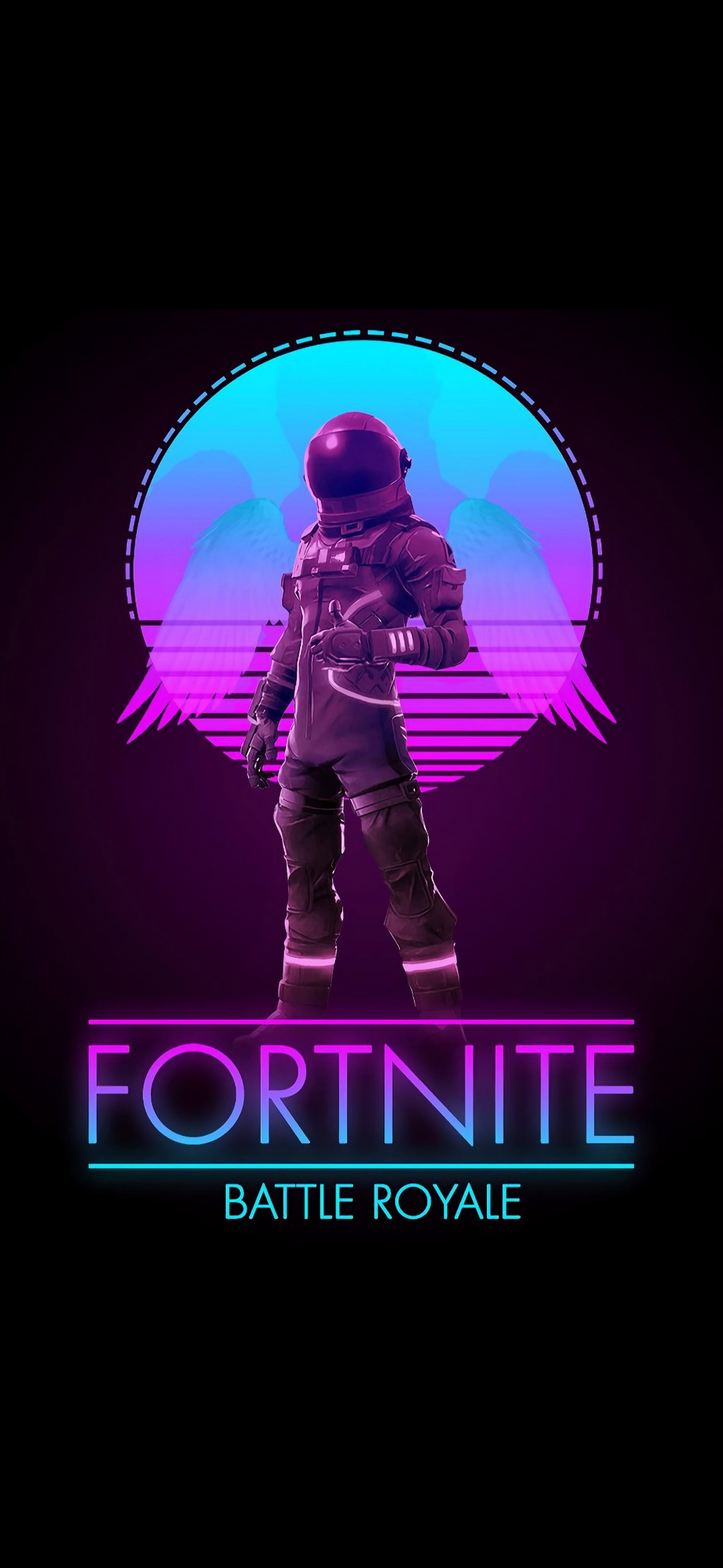 Fortie battle royale-logo auf schwarzem hintergrund (fortnite, haut, ios, lila, rosa)