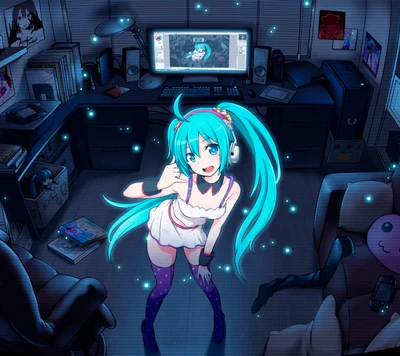 filles danime, yeux bleus, hatsune miku, deux queues, vocaloid