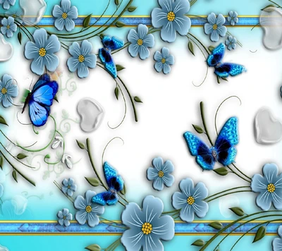 Flores azules y mariposas sobre un suave fondo turquesa.