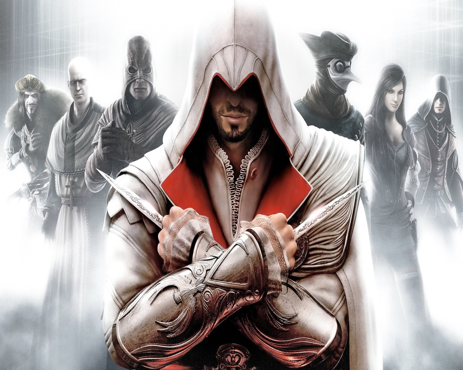 A close up of a person with a hood on holding a knife (assassin, brotherhood, creed, ezio)