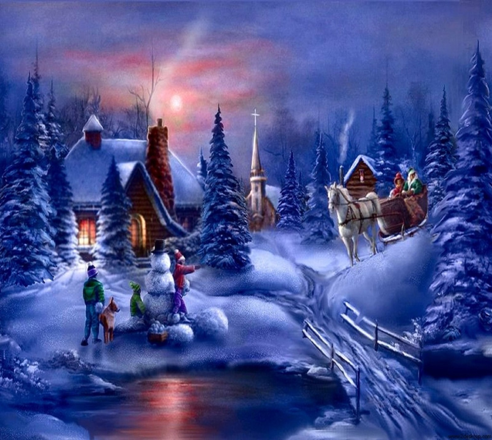 Painting of a christmas scene with a sleigh and a horse (christmas, holiday)