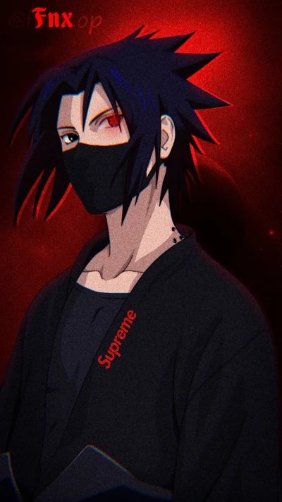 Sasuke in einer schwarzen Maske mit Supreme-Branding vor rotem Hintergrund