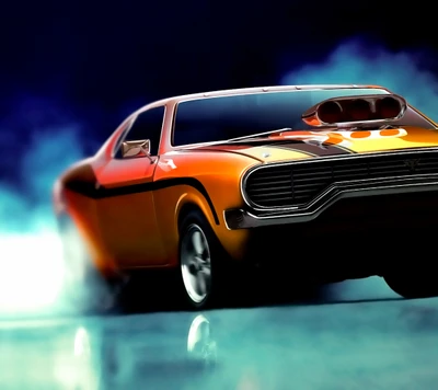 Vibrant Muscle Car in Motion with Dramatic Smoke Effects