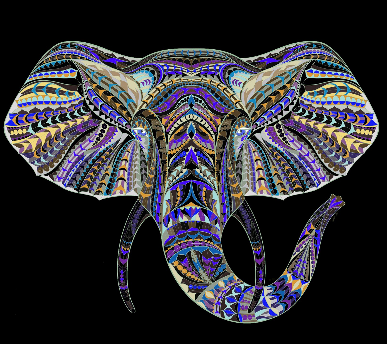 Elefante colorido com padrões intrincados na cabeça (arte, preto, azul, elefante)