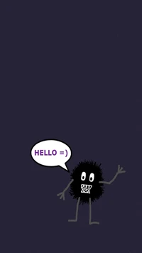 Friendly monster saying "HELLO =)" against a dark background.