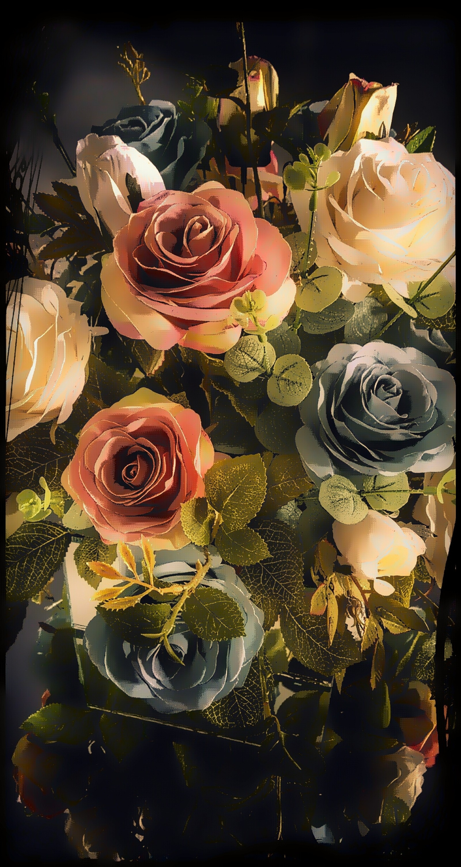 Il y a beaucoup de roses de différentes couleurs dans un vase sur la table (art, beau, noir, couleurs, fleurs)