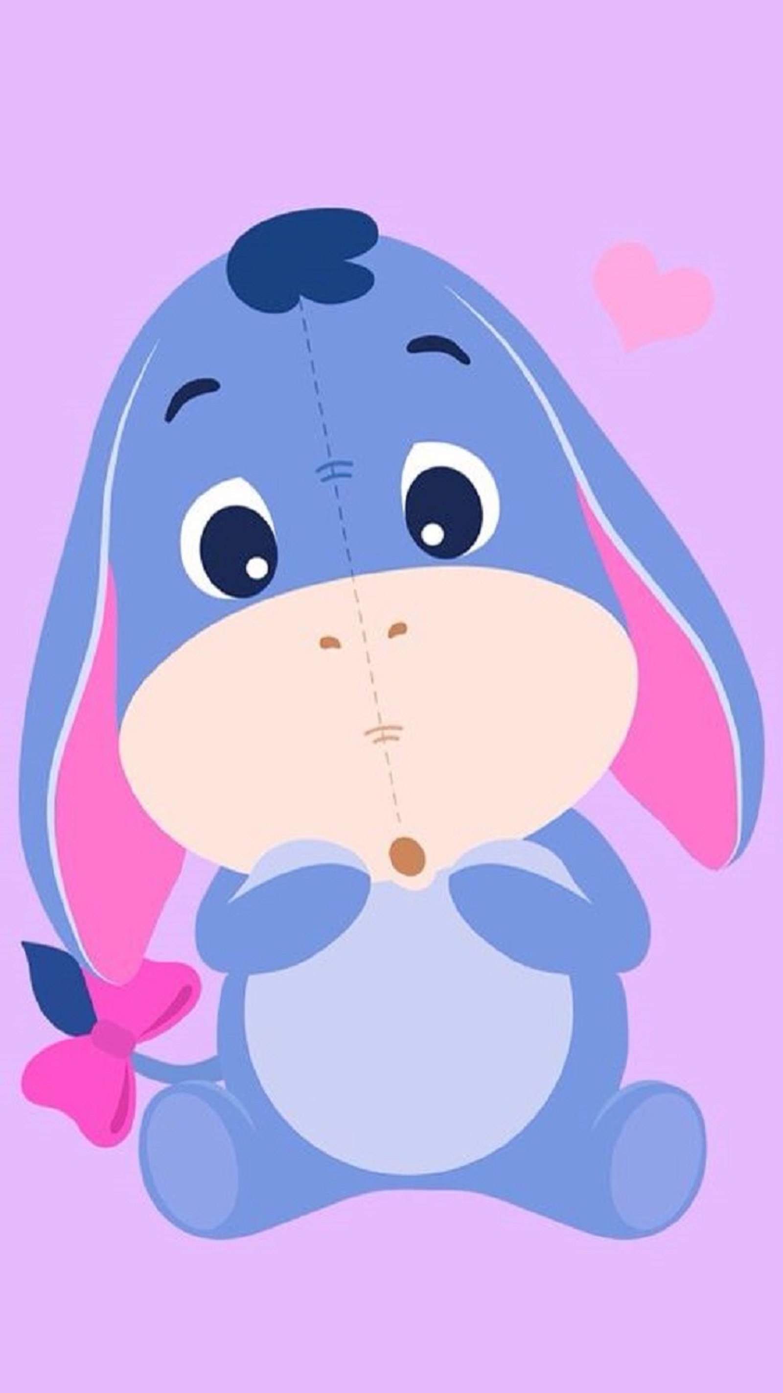 Um coelho azul de desenho animado com um laço rosa sentado em um fundo roxo (burro, eeyore)