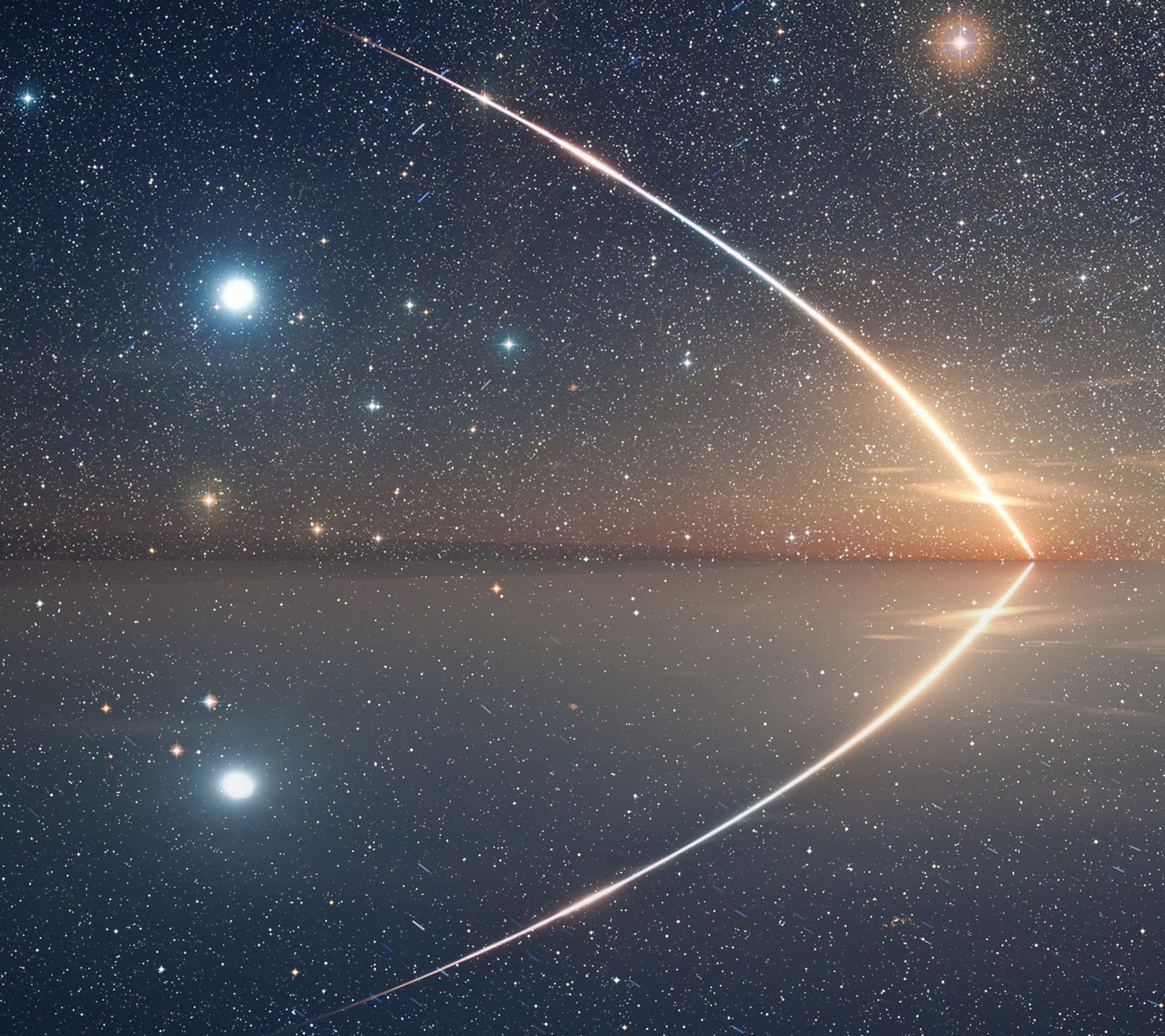 Arafed image of a space rocket flying through the sky (landscape, nature, reflection, stars)