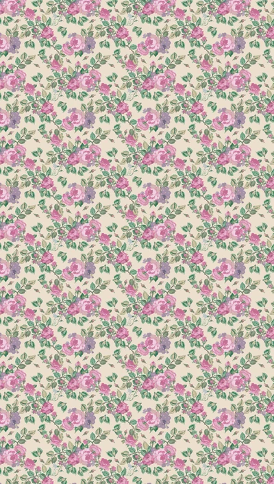 Vintage Floral Pattern with Pink Roses and Green Leaves