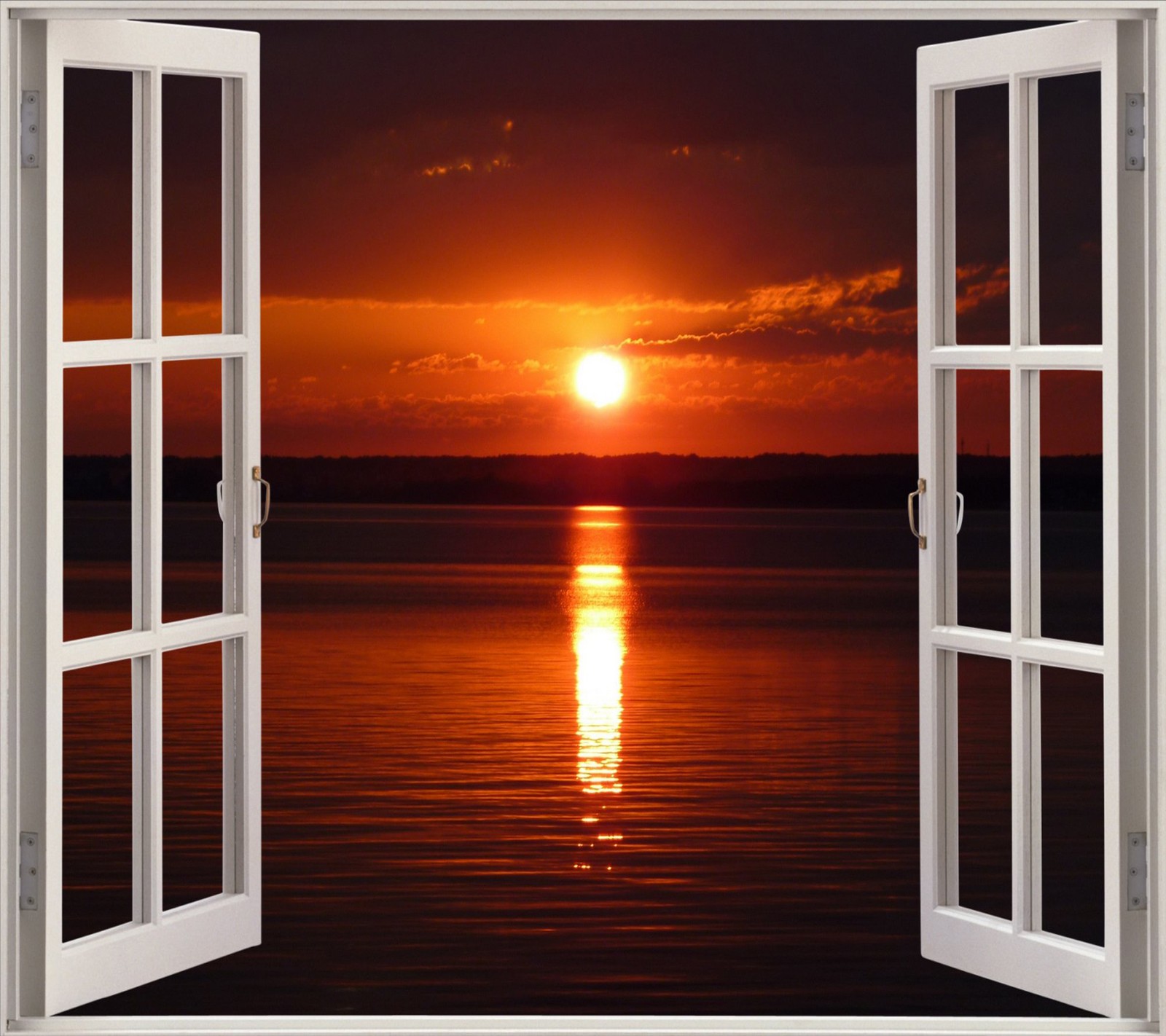 A view of the sun setting over the water from an open window (beautiful, sunset)