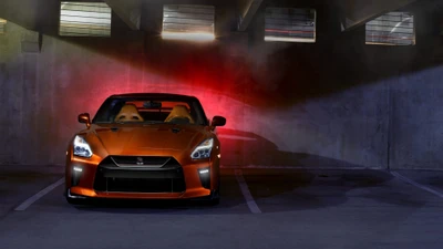 Sleek Orange Sports Car in Dimly Lit Garage