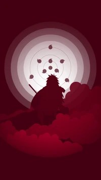 Silhouette de Madara Uchiha avec des orbes de chakra dans le style anime