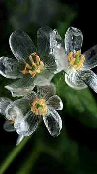 Flores delicadas amarelas e verdes com gotas de orvalho