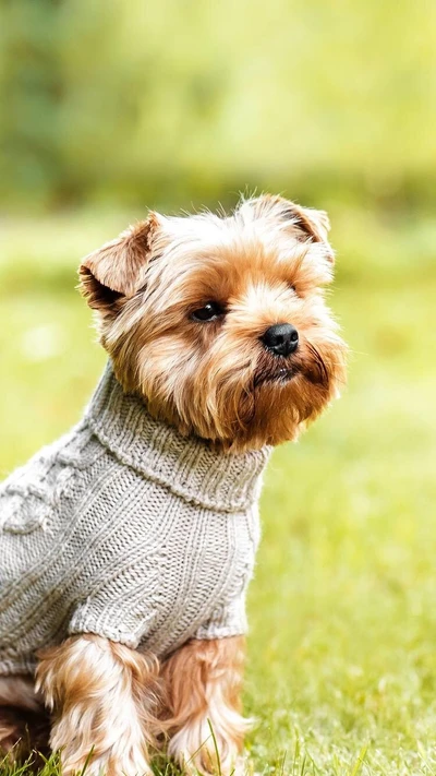 Adorable Hund in einem gemütlichen Pullover genießt die Natur.