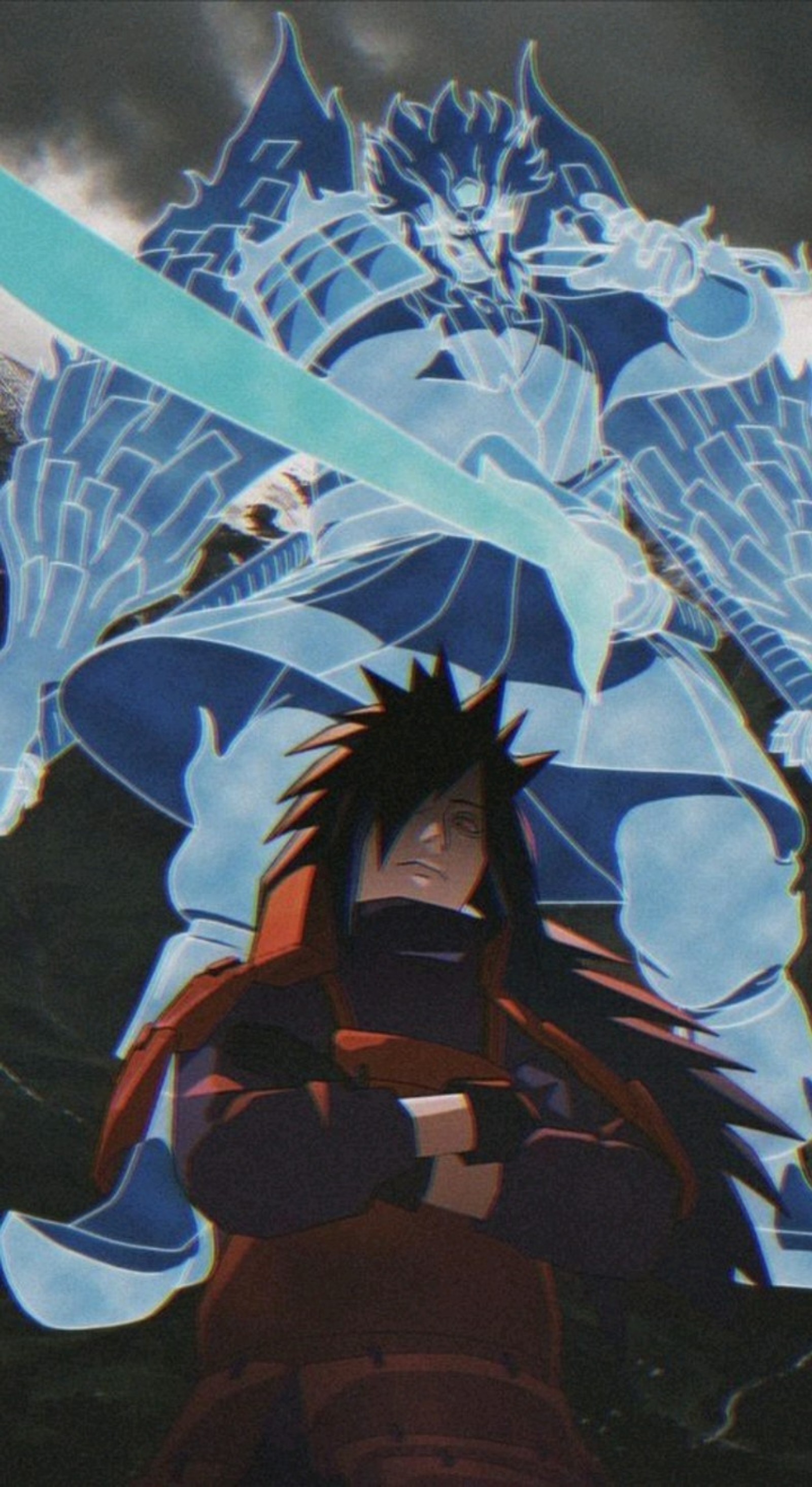 Anime character with sword in front of a mountain with clouds (anime, madara, madara uchiha, naruto, naruto shippuden)