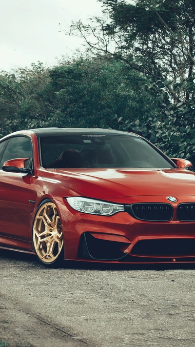 Deslumbrante BMW M4 F82 Coupé vermelho com tuning Velos Designwerks e rodas douradas